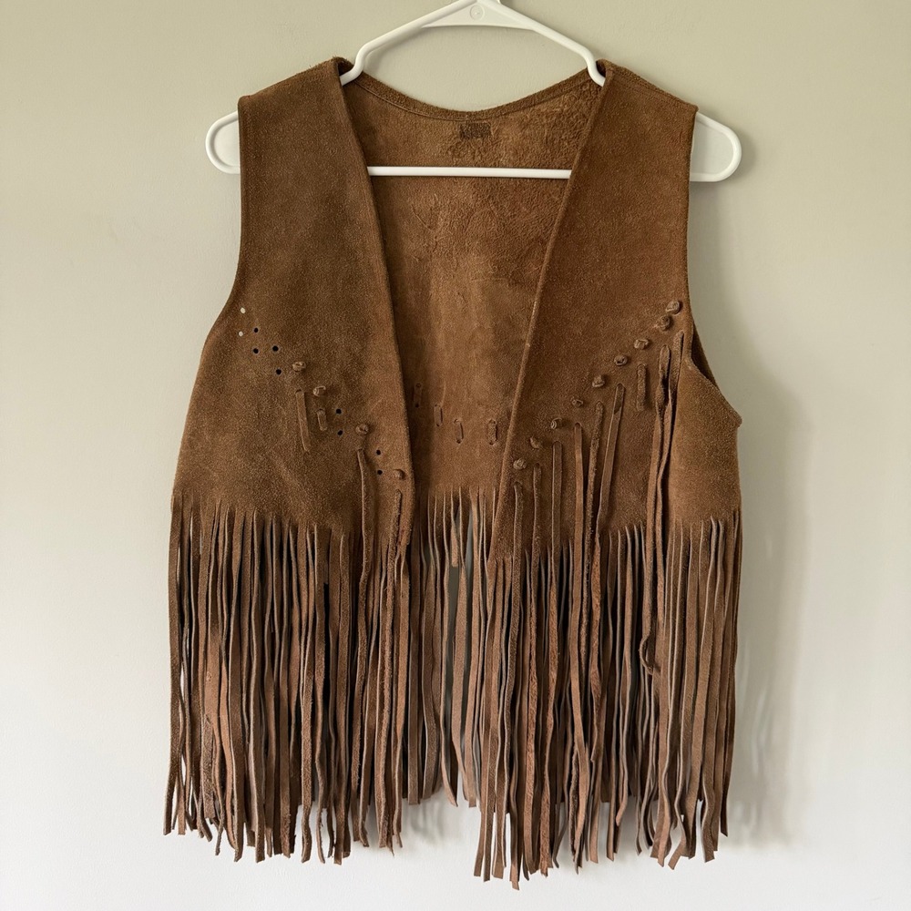 Vintage Brown Suede Leather Fringe Vest Western Boho Hippie‎ Festival Open Front
